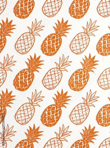 Vintage pineapple block print pattern, orange tropical fruit linocut illustration, rustic hand-stamped pineapple wallpaper for textile design