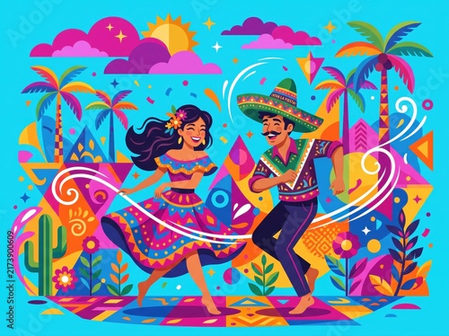 Mexican fiesta celebration illustration, traditional dancers in vibrant folk costumes, colorful Cinco de Mayo party scene with sombrero and palm trees