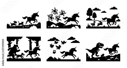 Whimsical Unicorn Silhouette Scenes, Magical Fantasy Creatures, Playful Animals, Enchanted Forest & Dinosaur Encounters, Vector Art Collection