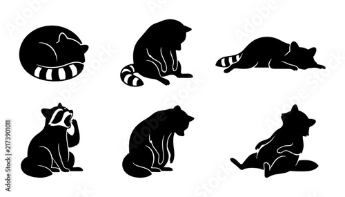 Raccoon Silhouette Collection, Cute Animal Poses Vector Art, Black and White Wildlife Icons, Simple Graphic Elements for Design