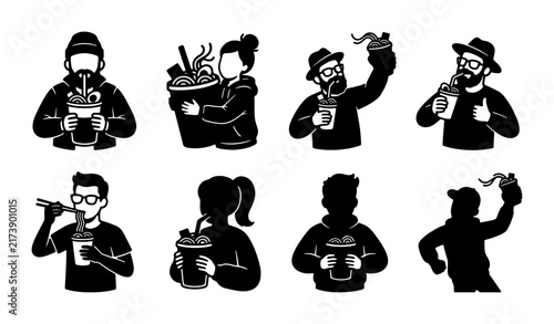 Modern Foodie Icons, Diverse People Enjoying Takeaway Meals, Black and White Vector Illustrations for Culinary Branding