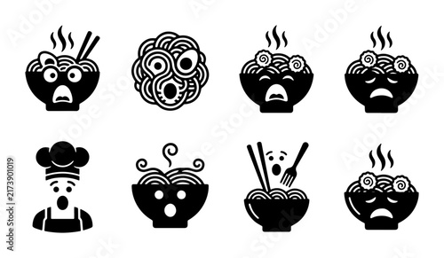 Noodle Bowl Emoji Icons, Expressive Food Faces, Chef Character, Asian Cuisine Symbols, Vector Set for Menus and Apps