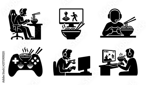 Gamer Eating Noodles Icon Set, Digital Entertainment and Food Lifestyle Vector Graphics, Online Gaming Meal Break Illustrations