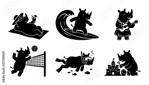 Whimsical Rhino Beach Vacation Vector Icons Set, Fun Summer Activities, Tropical Holiday Graphics, Silhouette Animal Collection