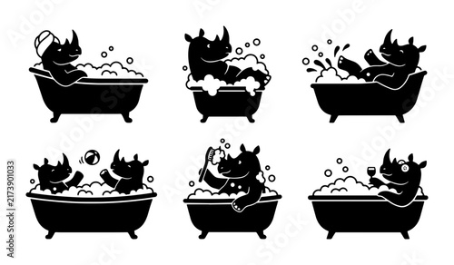 Cute Rhino Bath Time Vector Icons Set, Adorable Animal Hygiene Illustrations, Playful Rhinoceros Washing Fun, Simple Black and White Graphics