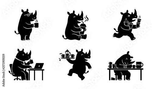 Cute Rhino Character Set, 6 Vector Icons, Black Silhouette, Coffee Break & Work Lifestyle, Animal Graphic Elements