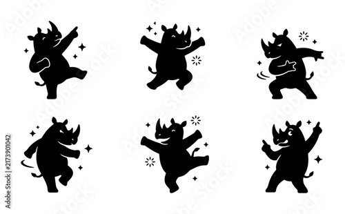 Playful Rhino Character Set, Dynamic Poses Vector Icons, Fun Silhouette Animals for Graphic Design and Children's Content