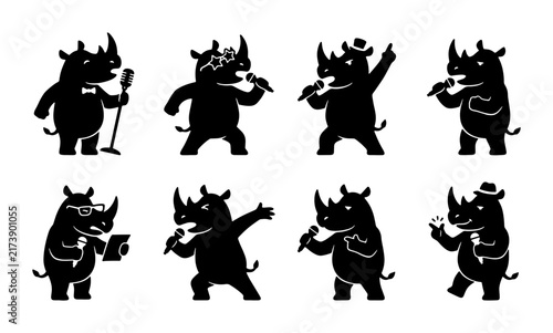 Set of 8 Rhino Silhouettes, Diverse Poses & Actions, Vector Icons for Entertainment & Music Themes, Black & White Graphic Elements