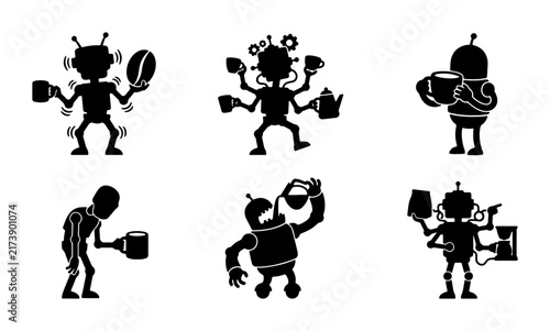Robot Coffee Break Icons, Morning Routine Vector Set, Caffeine Energy Characters, Beverage Enjoyment Graphics
