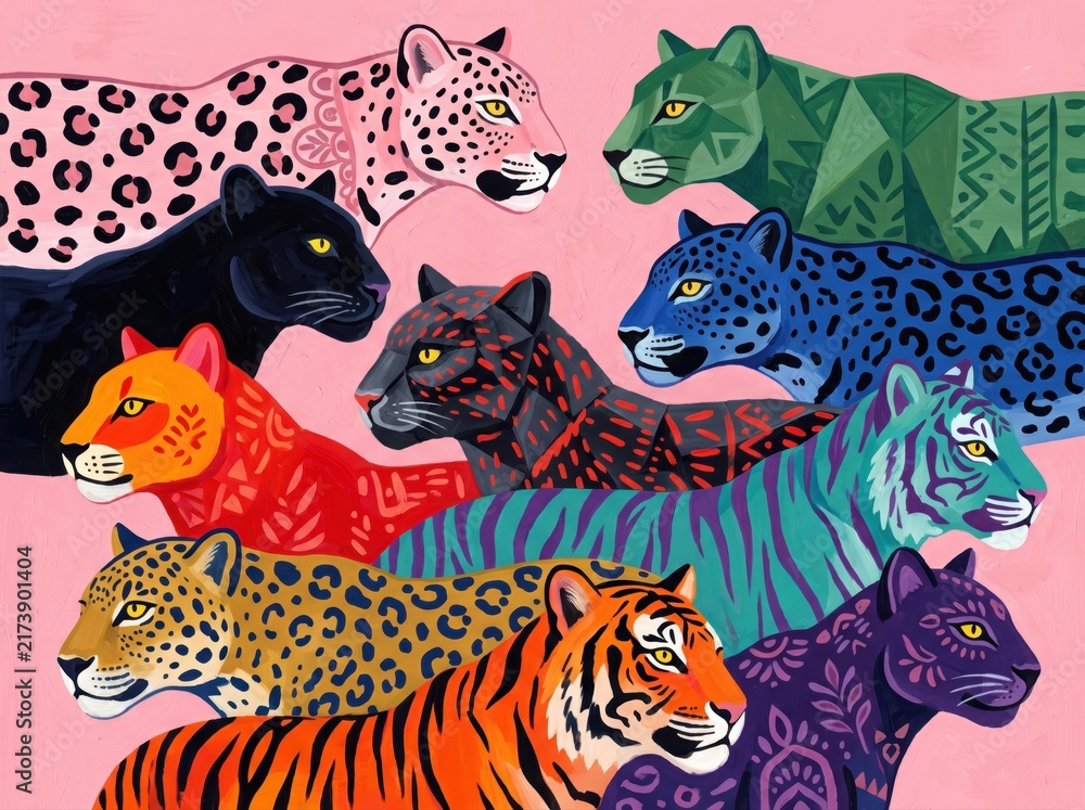 Obraz premium Artistic wild cat illustration, colorful leopard and tiger pattern, vibrant jungle feline collage, exotic animal wallpaper for textile design