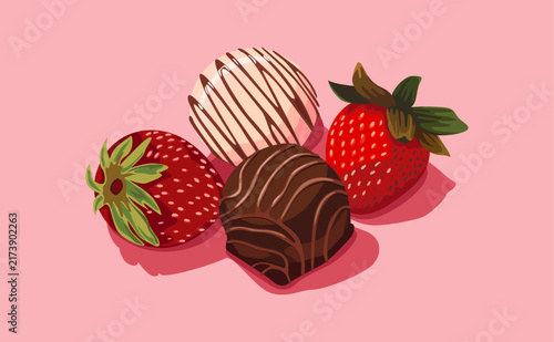 Fresh strawberries and various chocolates, chocolate glaze, berries, dessert