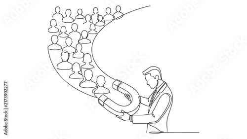 Continuous line drawing of a businessman using a giant magnet to attract customers.