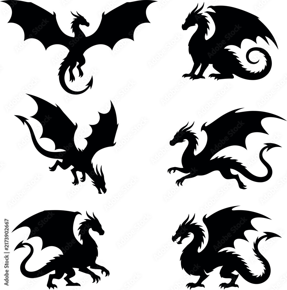 Fototapeta premium Set of black dragon silhouettes in various poses for fantasy design and graphic art.
