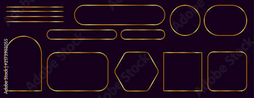 Golden frames set for design, luxury thin line geometric borders, star, arch, rectangle, circle shapes collection on dark background