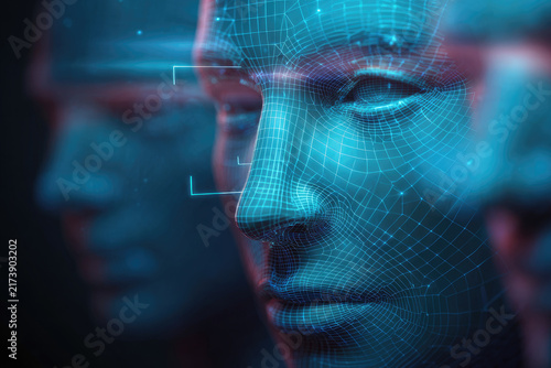  Face recognition illustration. Concept of facial recognition, face ID system, biometric identification, face scan system. Cyber security concept. 