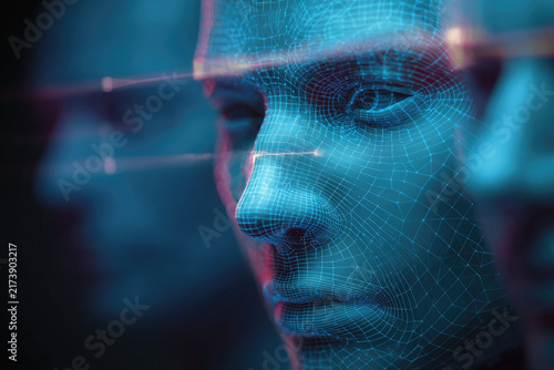  Face recognition illustration. Concept of facial recognition, face ID system, biometric identification, face scan system. Cyber security concept. 
