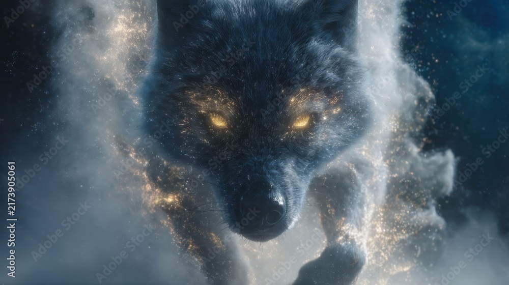 Obraz premium Majestic Azure Spirit Wolf With Glowing Eyes Emerging From Shimmering Light