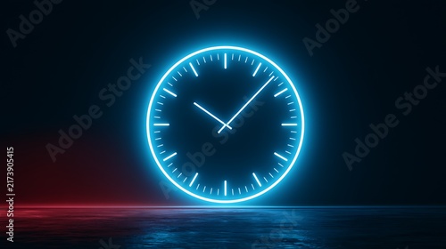 A futuristic digital clock light effect. A glowing silhouette of a clock representing time. Background laser blue neon clock vector illustration