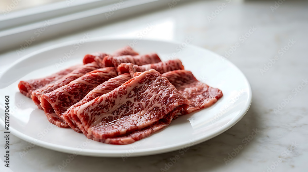 Fototapeta premium Close-up view of fresh raw beef slices on a white ceramic plate.