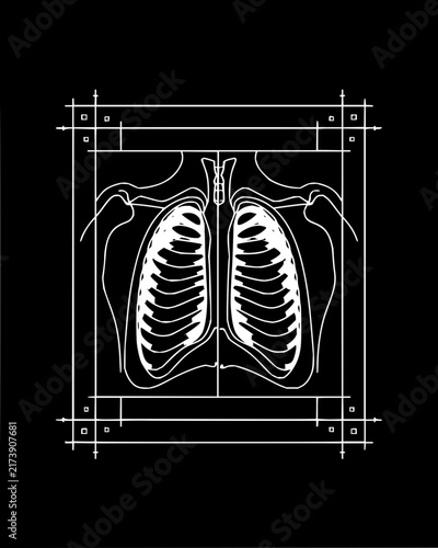 Technical schematic of human lungs and respiratory system on black background