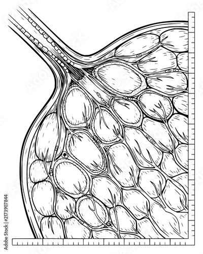 Anatomical cross section of human breast tissue showing lobes and ducts in black and white line art