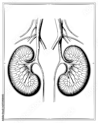Vintage medical illustration of human kidneys cross section showing internal structure and blood vessels