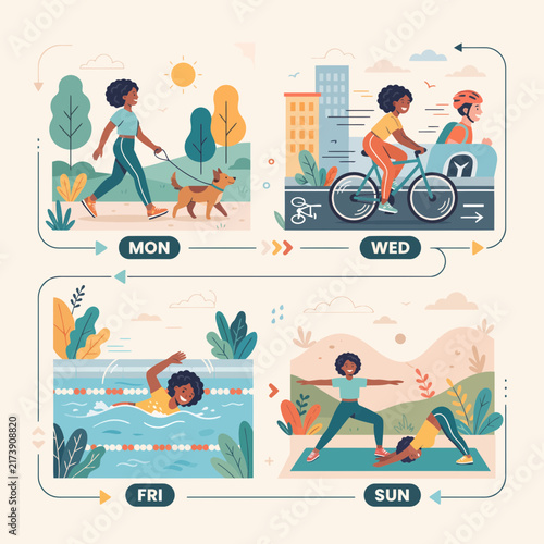 Diverse weekly fitness journey for a healthy woman, featuring various outdoor and indoor activities like walking, cycling, swimming, and yoga to maintain an active lifestyle