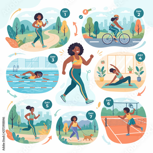 Active Woman Engaging in Seven Days of Varied Fitness Activities and Healthy Lifestyle Habits for Wellness and Physical Fitness Progress Illustration