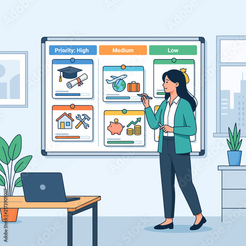 Professional woman organizing priorities on a Kanban board for project management and task planning in a modern office setting