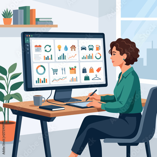 Woman analyzing personal financial data and prioritizing goals on a digital dashboard in a home office setting