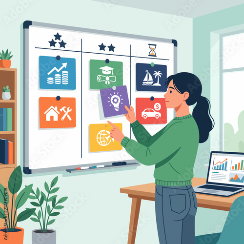Woman organizing tasks and ideas on a whiteboard kanban board for project management and productivity