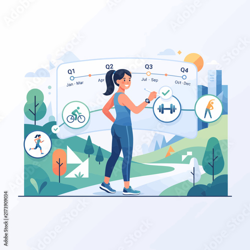 Woman tracking annual fitness and health progress goals on a digital dashboard interface while in a park