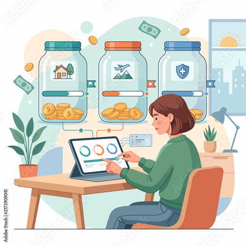 Woman tracking her financial saving goals and budget habits on a digital tablet