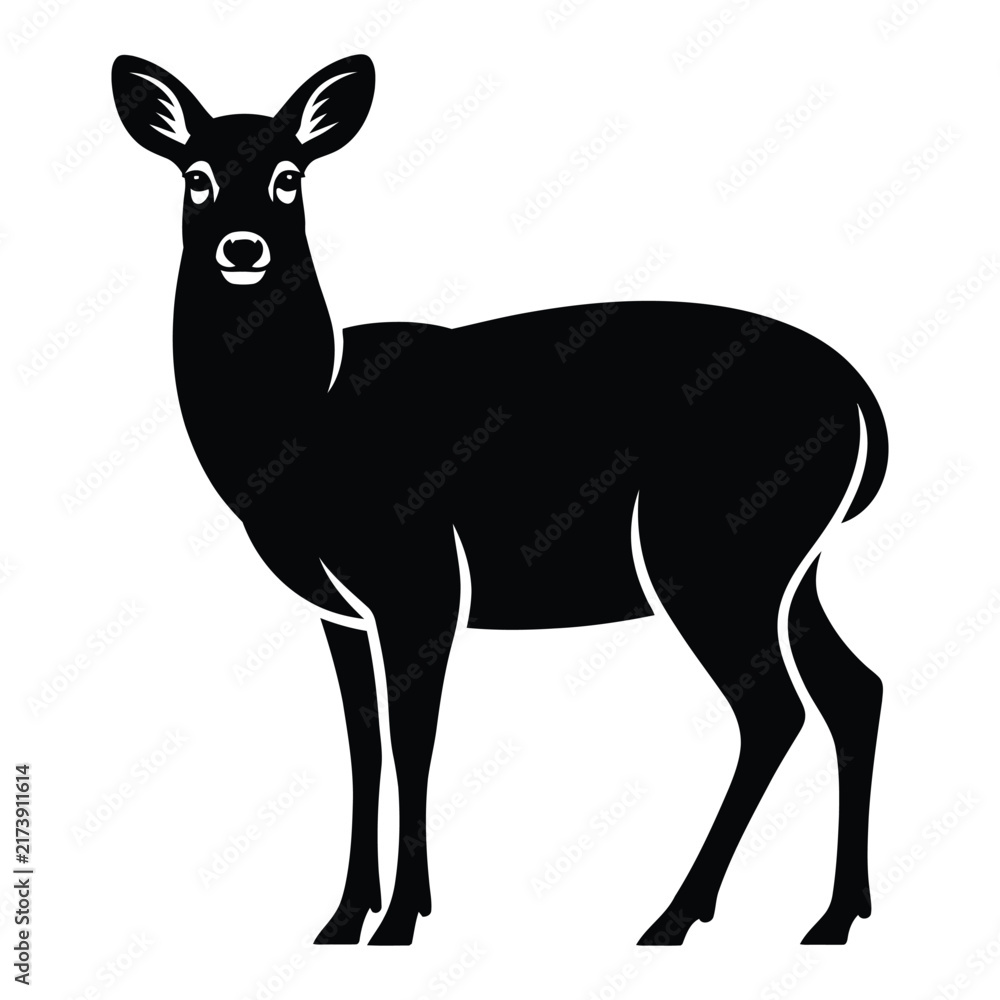 Fototapeta premium A graceful deer stands facing forward depicted as a stark black silhouette