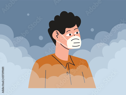 Man wear protective masks in the polluted city, city smog, industrial dust pollution, toxic air
