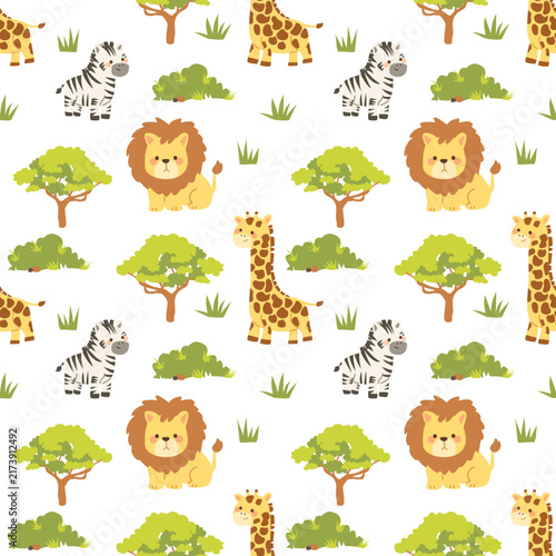 Photography Cute safari animals lion giraffe zebra and tree seamless pattern on white backgr