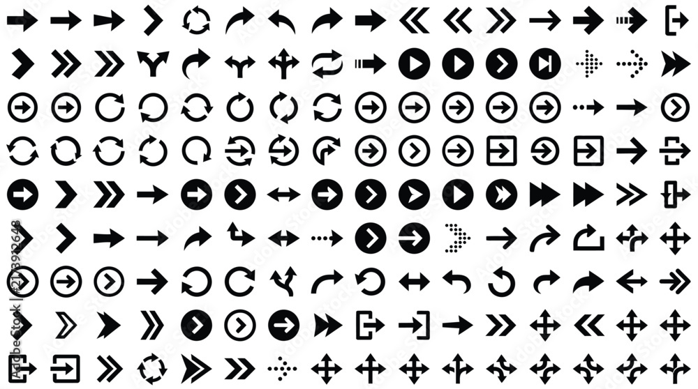 Fototapeta premium Minimalist black arrow vector collection featuring diverse navigation symbols and directional icons for digital interface design