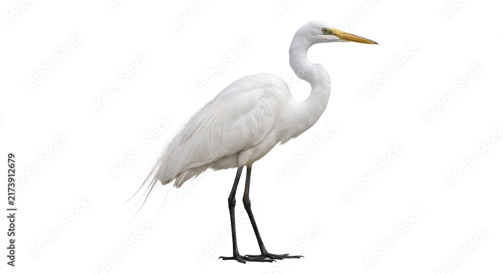 Naklejka premium Elegant white egret bird standing gracefully with long neck and yellow beak