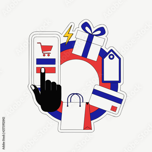 Black Friday online shopping and mega sale concept vector illustration sticker with mobile phone, credit card, shopping bag, and gift box.