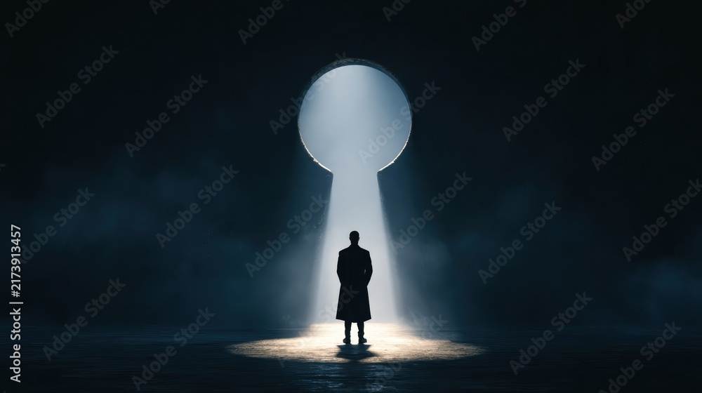 Obraz premium A man in a coat stands before a large glowing keyhole opening. This image symbolizes finding solutions, hope, and new opportunities.