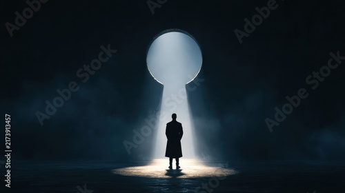 A man in a coat stands before a large glowing keyhole opening. This image symbolizes finding solutions, hope, and new opportunities.