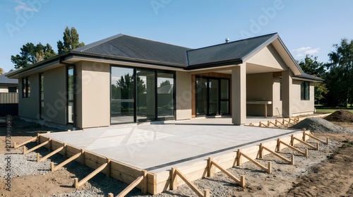 Modern single-story house under construction with concrete patio and wooden formwork