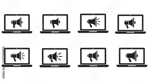 Fotografía Loudspeaker Announcement Icons With Laptop Computers Black Silhouette Style audi