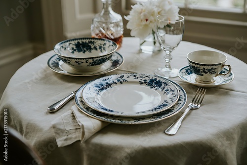 Vintage Blue and White Floral Porcelain Dinnerware Set on Elegant Dining Table