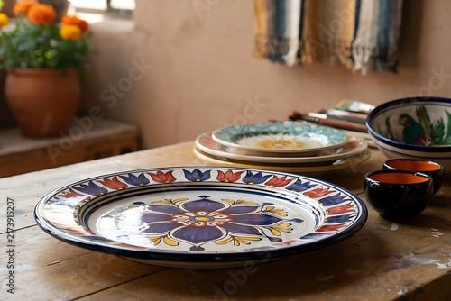 Handpainted Talavera Mexican Ceramic Pottery Plates and Bowls on Rustic Table