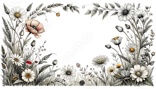 Delicate hand-drawn botanical frame with wildflowers, poppies, and daisies, forming a whimsical border perfect for invitations, serene backgrounds, and natural design projects
