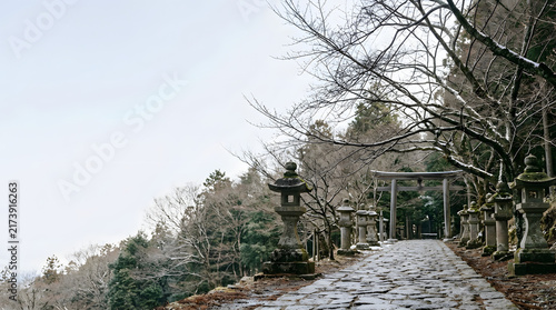 初詣の神社の参道と石畳 余白 コピースペース