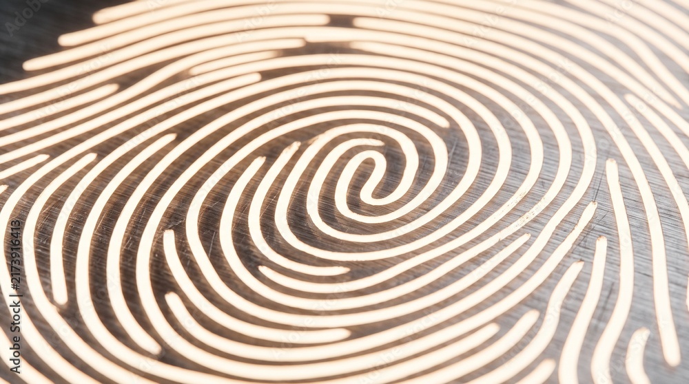 Naklejka premium Fingerprint Pattern Biometric Security Identity Wooden Carving Macro Texture Concept
