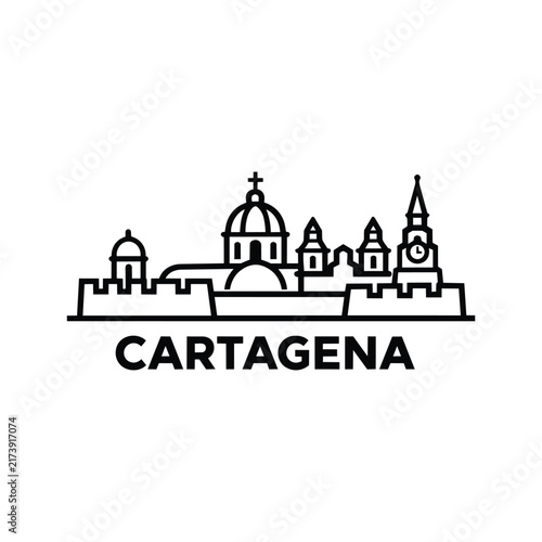 Cartagena skyline with large cathedral dome, colonial church towers, clock spire and fortified walls above a bold Cartagena city label