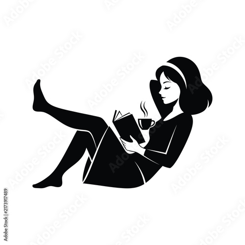 Woman Relaxing Reading Book Enjoying Coffee Break.